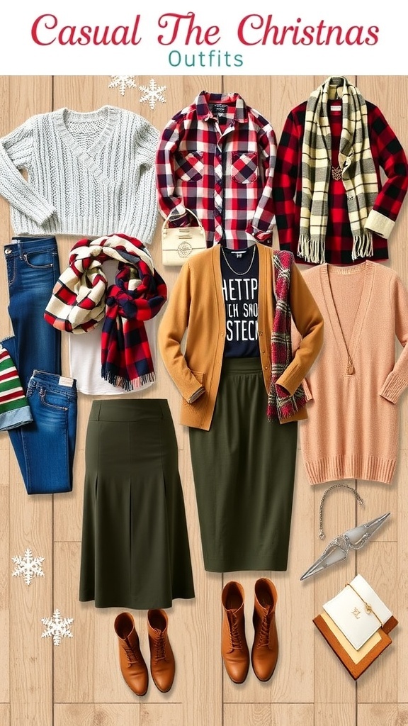 Casual Christmas outfits including sweaters, flannel shirts, and dresses displayed on a wooden background.